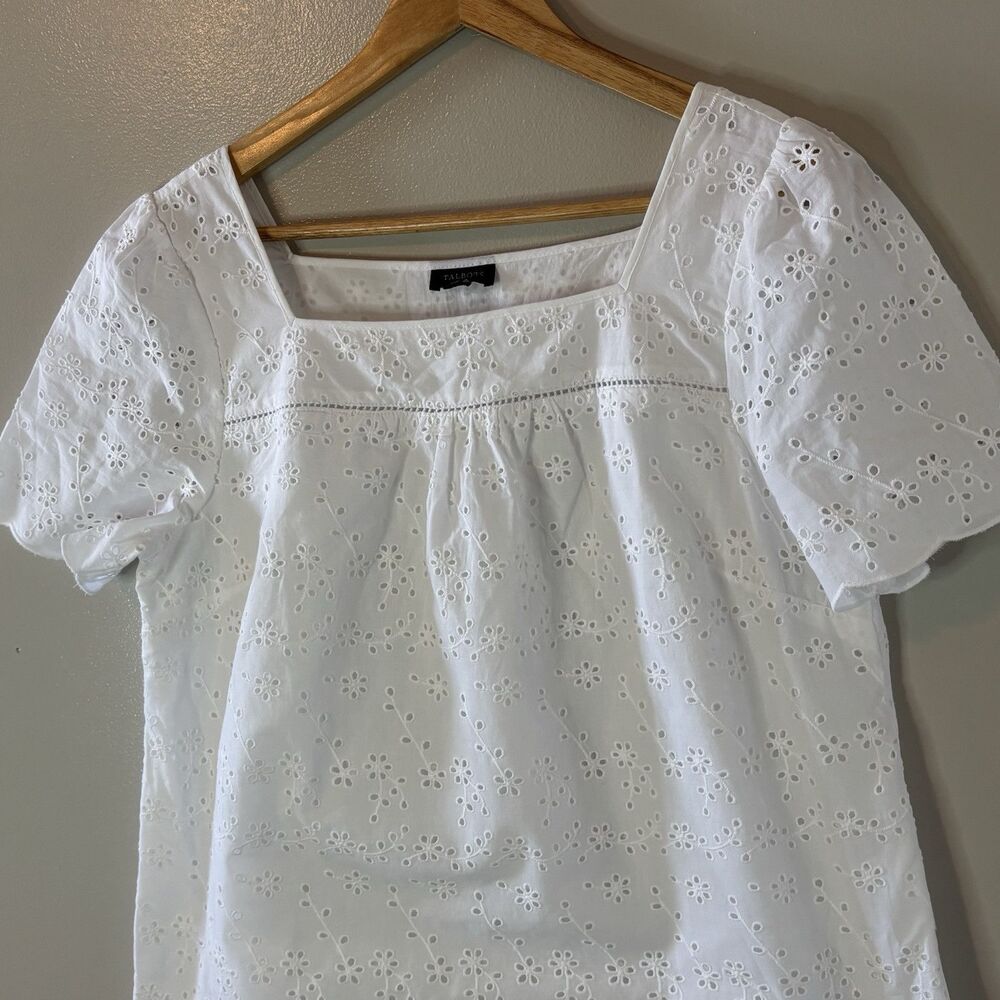 Talbots Eyelet Short Sleeve Top White Peasant Cottage Blouse Sz Medium Petite - Picture 2 of 7